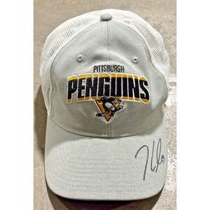 Pittsburgh Penguins White Trucker Hat Gray NHL Snapback Signed Autograph Cap
